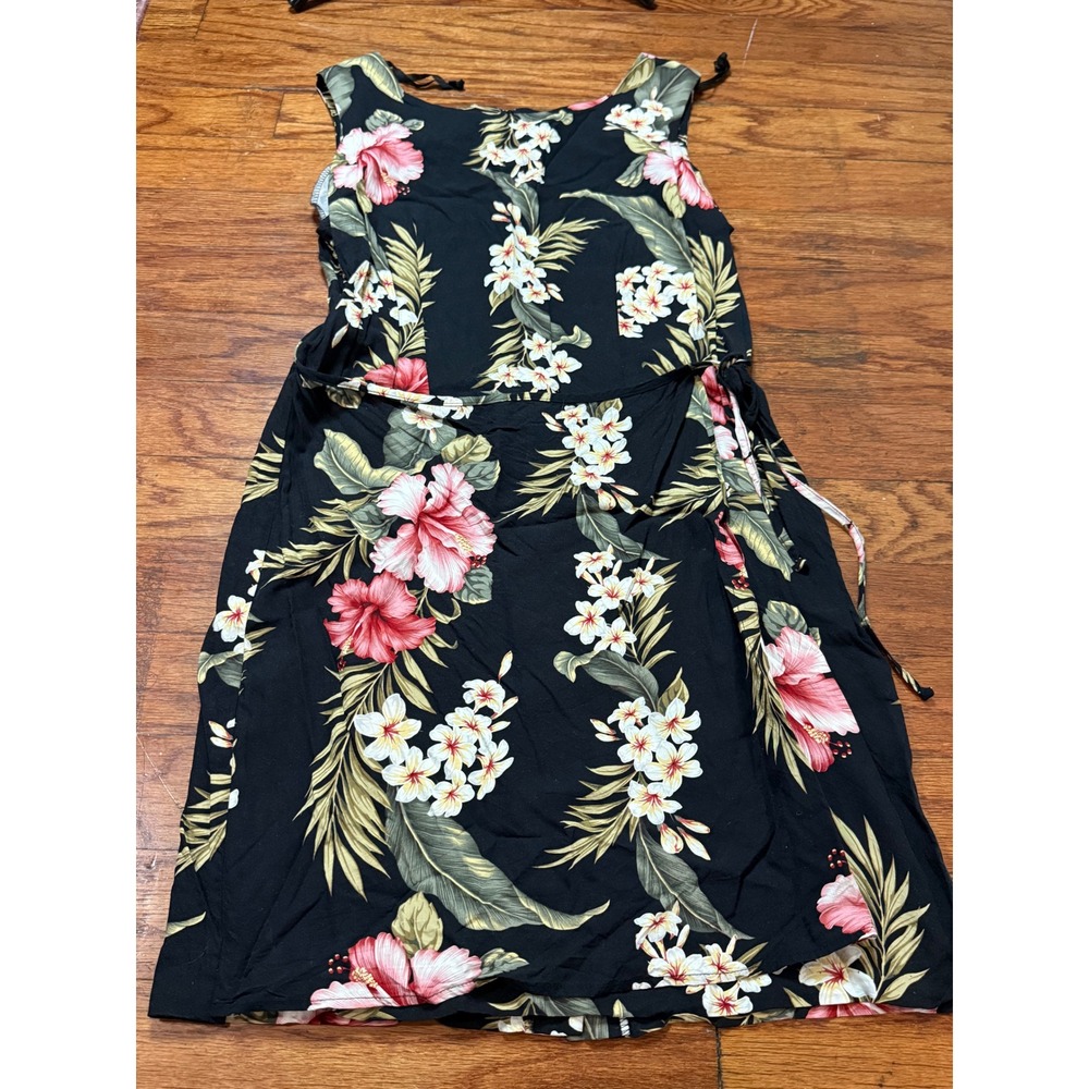 Vintage Iolani Hawaii Womens XL Black Floral Hibiscus Rayon Wrap Dress